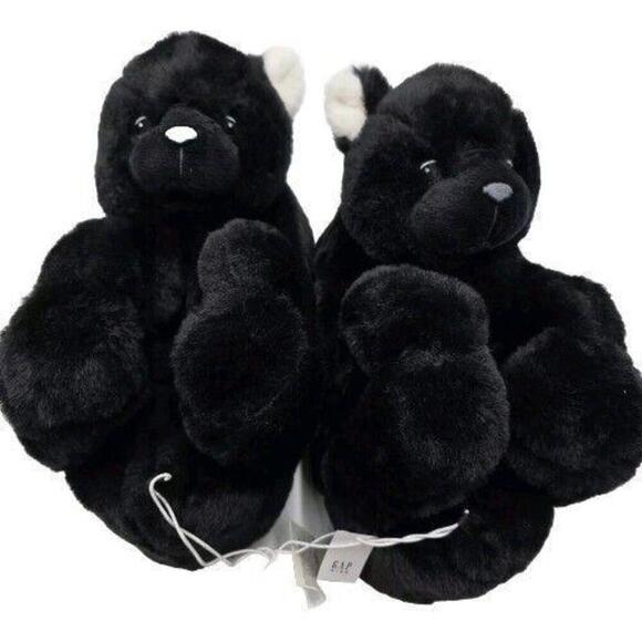 Gap Kids Bear Slippers  Faux Fur 1/2 Bear Black,‎ White - Picture 2 of 8